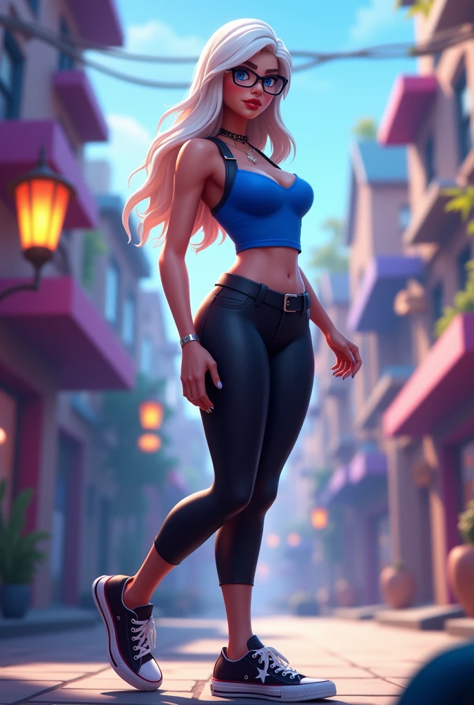 fortnite style girl, long white hair, Broad Hips, blue colored eyes, wearing glasses, Allstar Sneakers, sexy cobalt blue top solid black leggings full body