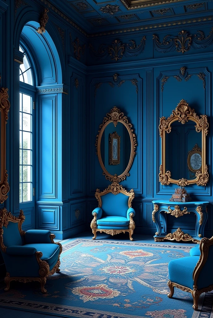 A house inside a Renaissance painting, dominant blue color, separate furniture within baroque frames