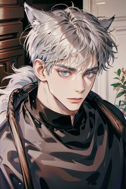 1male, sly, age 30 face, medium fully hair with bangs, grey hair, brown colored eyes, poor looking, black clothes, in a mansion, close up, wolf ears, wolf tail, baggy clothes