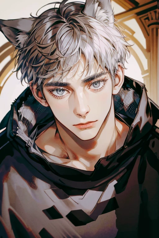 1male, sly, age 30 face, medium fully hair with bangs, grey hair, brown colored eyes, poor looking, black clothes, in a mansion, close up, wolf ears, wolf tail, baggy clothes