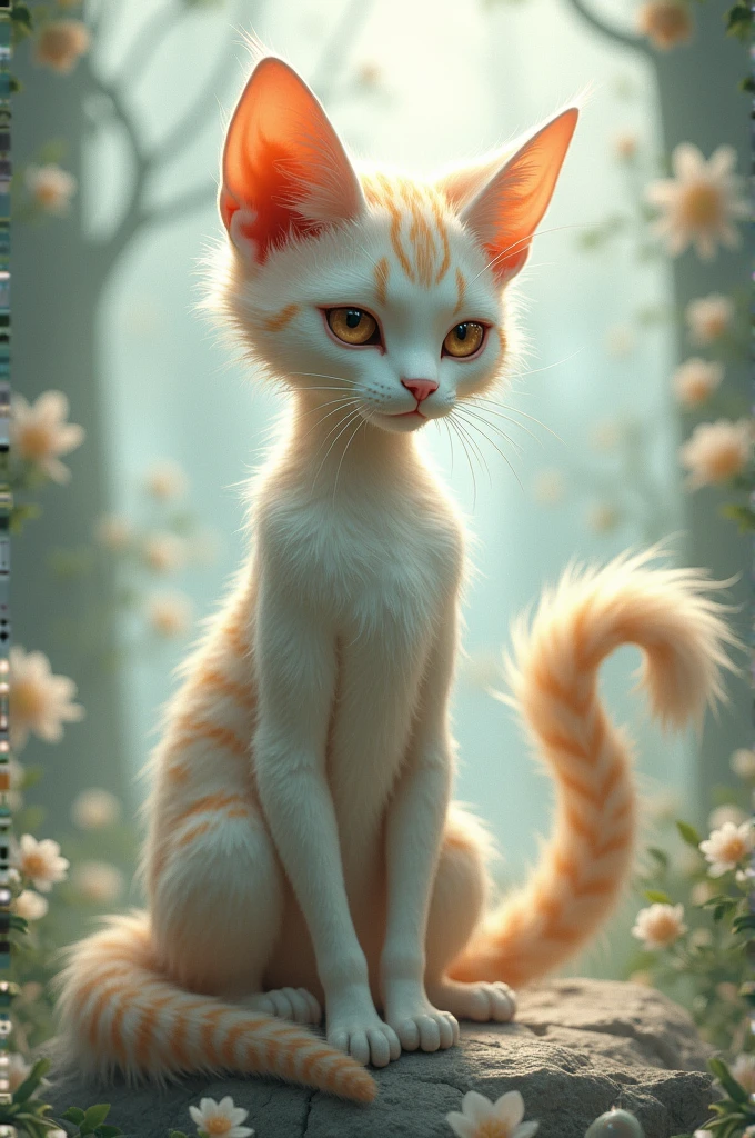 A half cat boy, her hair is arms and her cat ears are too, his furry tail is visible and beautiful and he is shy