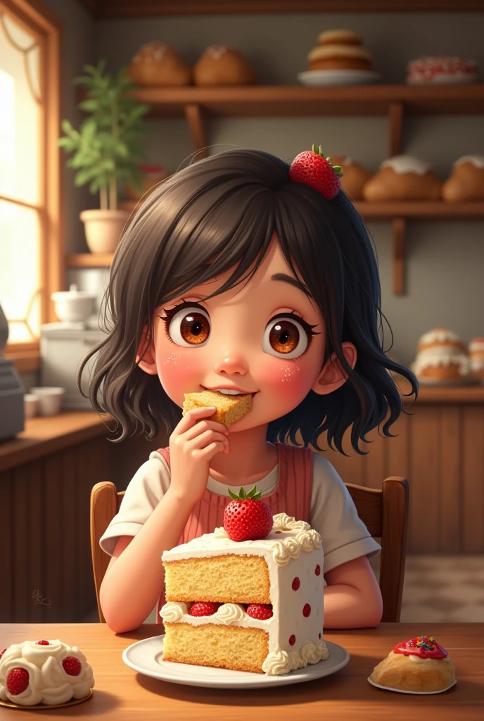 A girl eating cake in a bakery