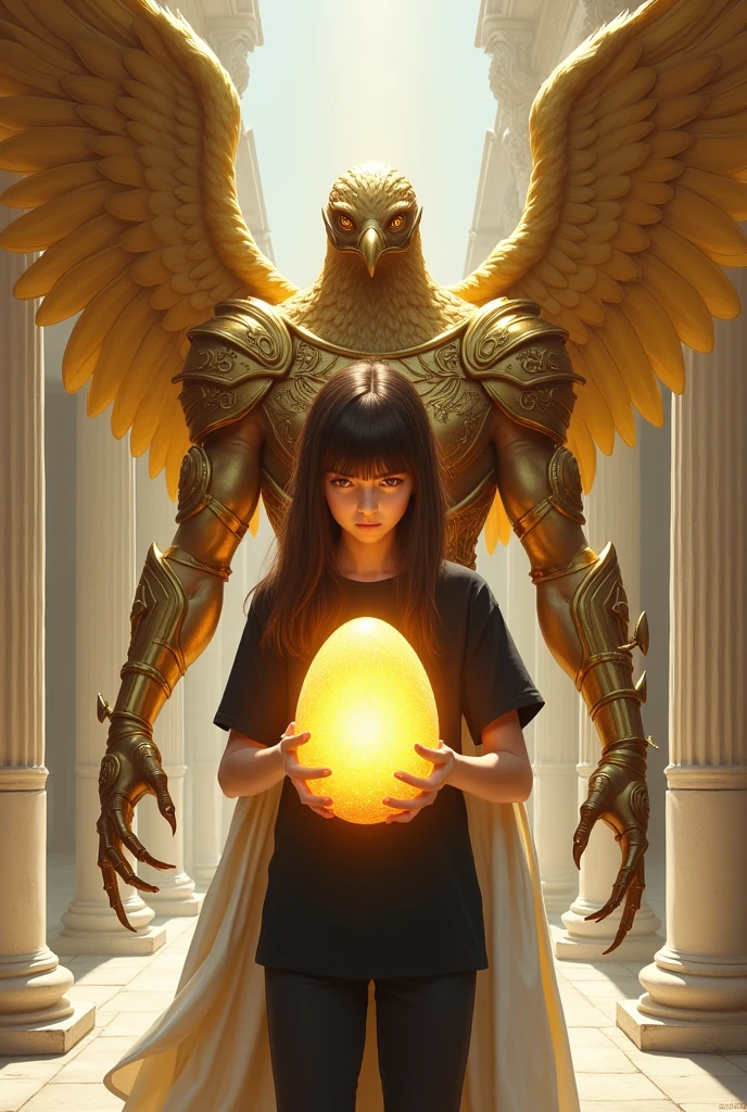 Boy Androgynous ager with long, thin brown hair, plain black t-shirt and plain black pants. He holds a large luminous golden egg.
Behind him a man with a falcon's head , wearing golden angelic armor and a white robe. He is behind with his wings open and long arms and claws extended protecting him..
In the background a Roman temple scene