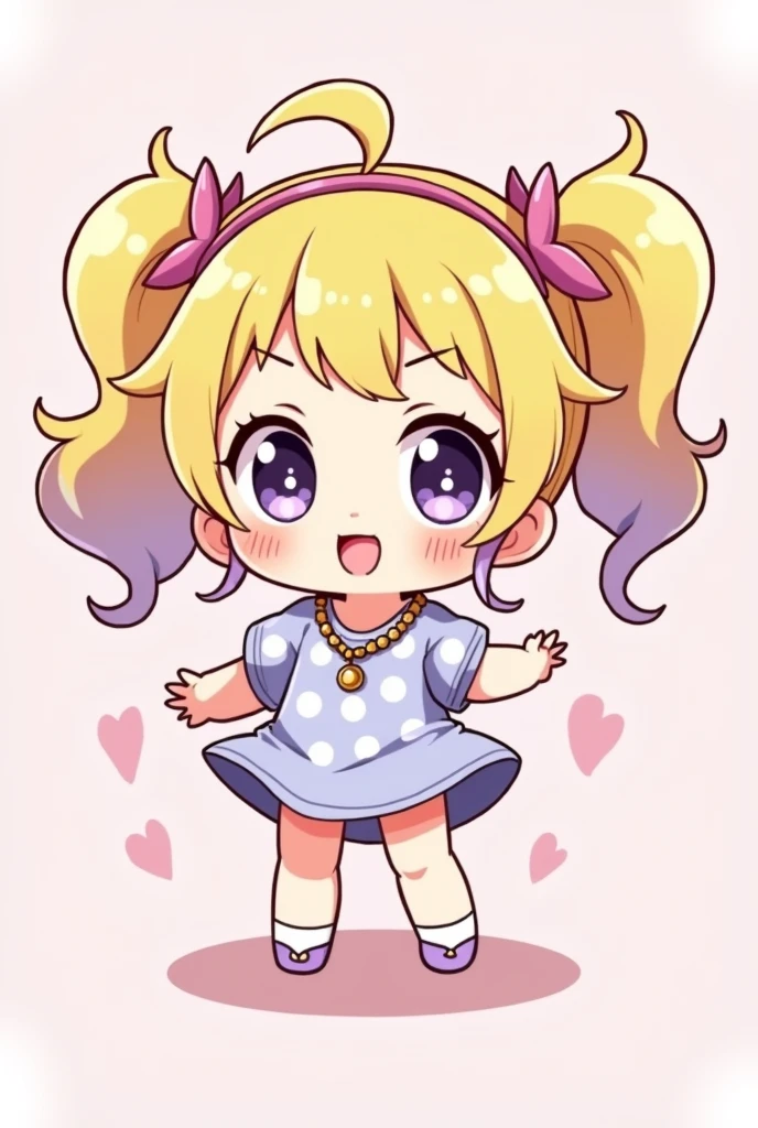 Create a digital chibi drawing of an anime girl with an unmistakable hand-drawn style. She should have a very exaggerated, cute appearance with a large, round head, big sparkling eyes, and a small, happy smile. Her hair should be styled in a playful, voluminous manner with bright, cheerful colors like pastel yellow or lavender, and include hand-drawn highlights and shadows for added depth. Dress her in a simple, adorable outfit, such as a polka-dot dress or a cute skirt and top combo, with minimal but charming accessories like a headband or a small pendant.For the background, use a single, solid color or a subtle gradient that complements the character, such as a soft pink or light blue. Ensure the background is clean and minimalistic to keep the focus on the chibi character. The drawing should have a polished, hand-drawn digital look with clean lines, vivid colors, and a distinct style that makes it clear it's digitally created by hand and not generated by AI.