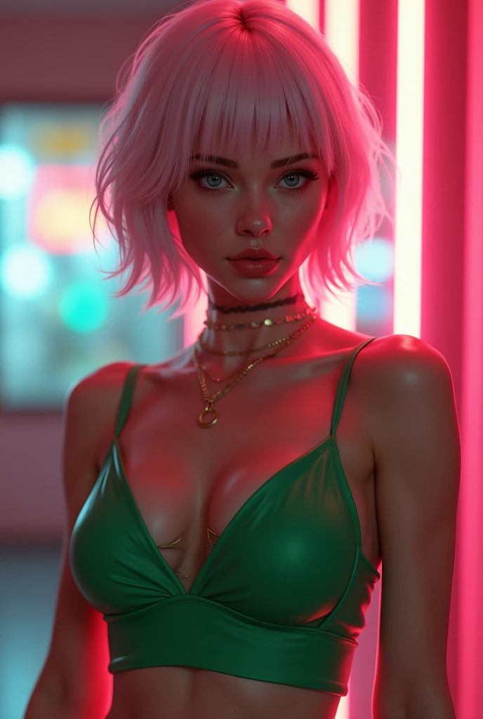 (Best Quality, ultra detailed, photorealistic: 1.39), bright and vibrant colors, studio lighting, romantic expression, Short green dress, Platinum pink bobcut hair undercut, small breasts, fit, muscular, short hair, mercenary