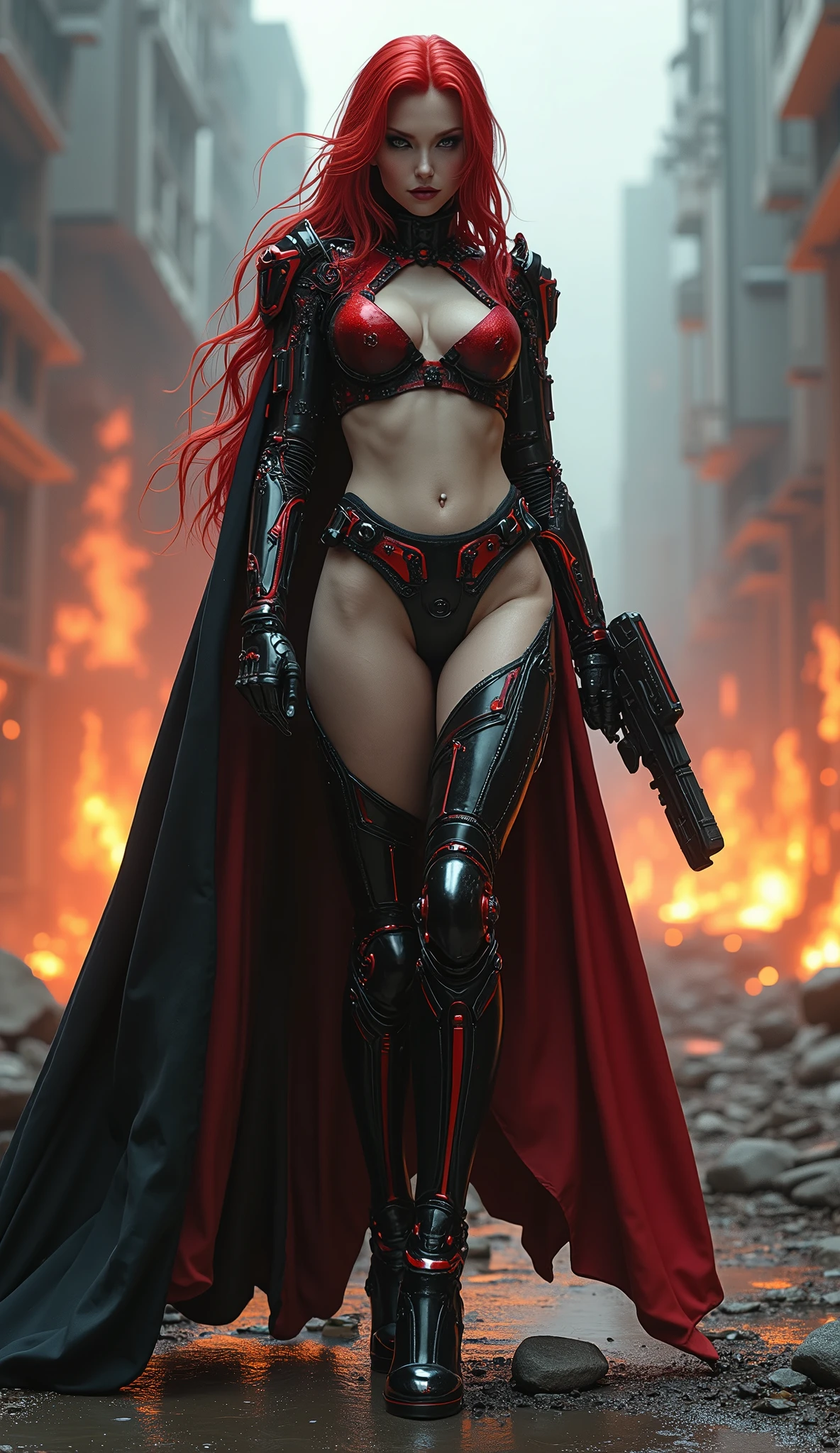full body pose wearing a mechanical suit, naked bread, nude breast, exposed brteast, massive bimbo silicone breast, bimbo, Mechanical wonder, Cyberpunk, Cybernetic Guardian, futuristic sexy black armor, full body, front pose, symmetry, intricate (steel metal [rust]), joints, warframe style, cyborg, fit muscular female body and armor, Beautiful body, Massive silicone breast, pale skin, seductive, temptation, eat your soul, clevage, long flowing red hair, heavy gothic makeup, at night, neon, holding a futuristic black and red laser rifle, sith queen, warrior queen, evil incarnate, blood covered, black latex cloak, stiletto heels, full body pose, wartorn ruins in the background, explosions and fire, high heels, massive breast, nude breast, naked breast, exposed breast, beautiful pussy, shaved pussy, 