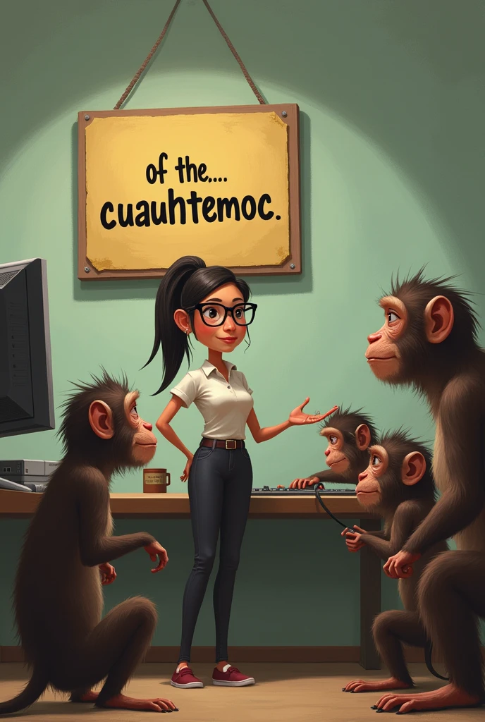 Generates an image of a short woman with bottle-bottom glasses and hair tied back in a ponytail, giving orders to 5 monkeys to be in front of a computer and behind a sign that says literally in Spanish "of the. Cuauhtémoc" 