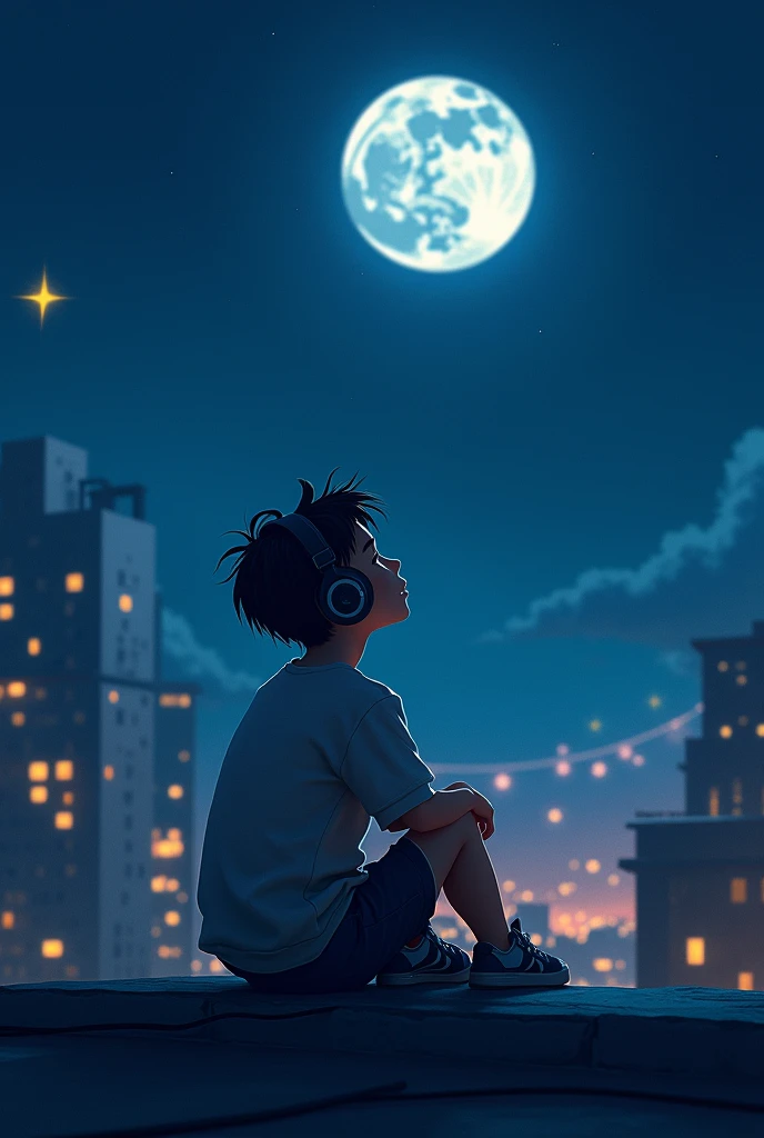 A boy listening to music on the roof of a building on a moonlit night
