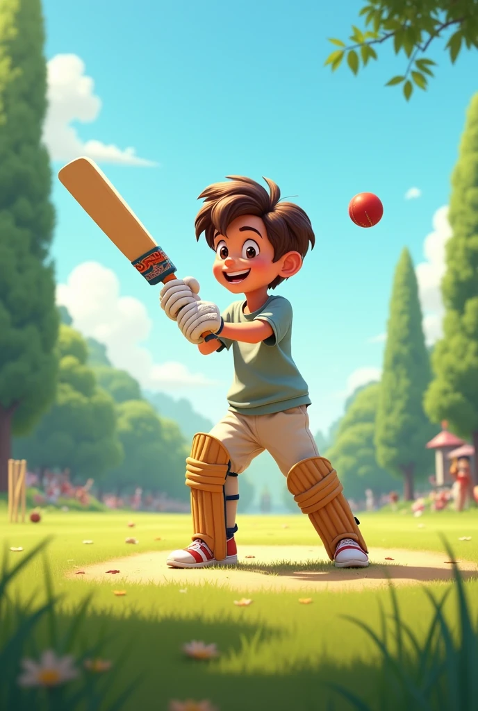 a cute boy is playing cricket 