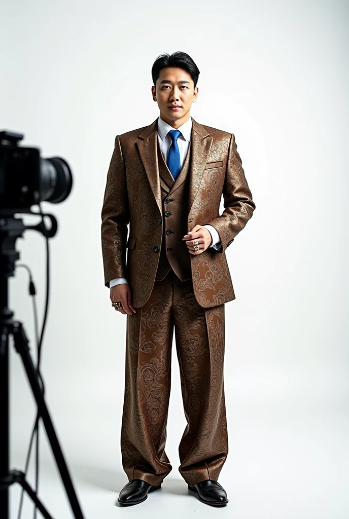 korean man wearing brown suit with lot of royal patterns ,((full body)),oversize classic pants , blue tie ,design inspired by chinese dragon tale,, rings , nekless, Poster ad , special pose ,photoshotting ,white background , fuull body , camera filming him , text saying "Deviant"