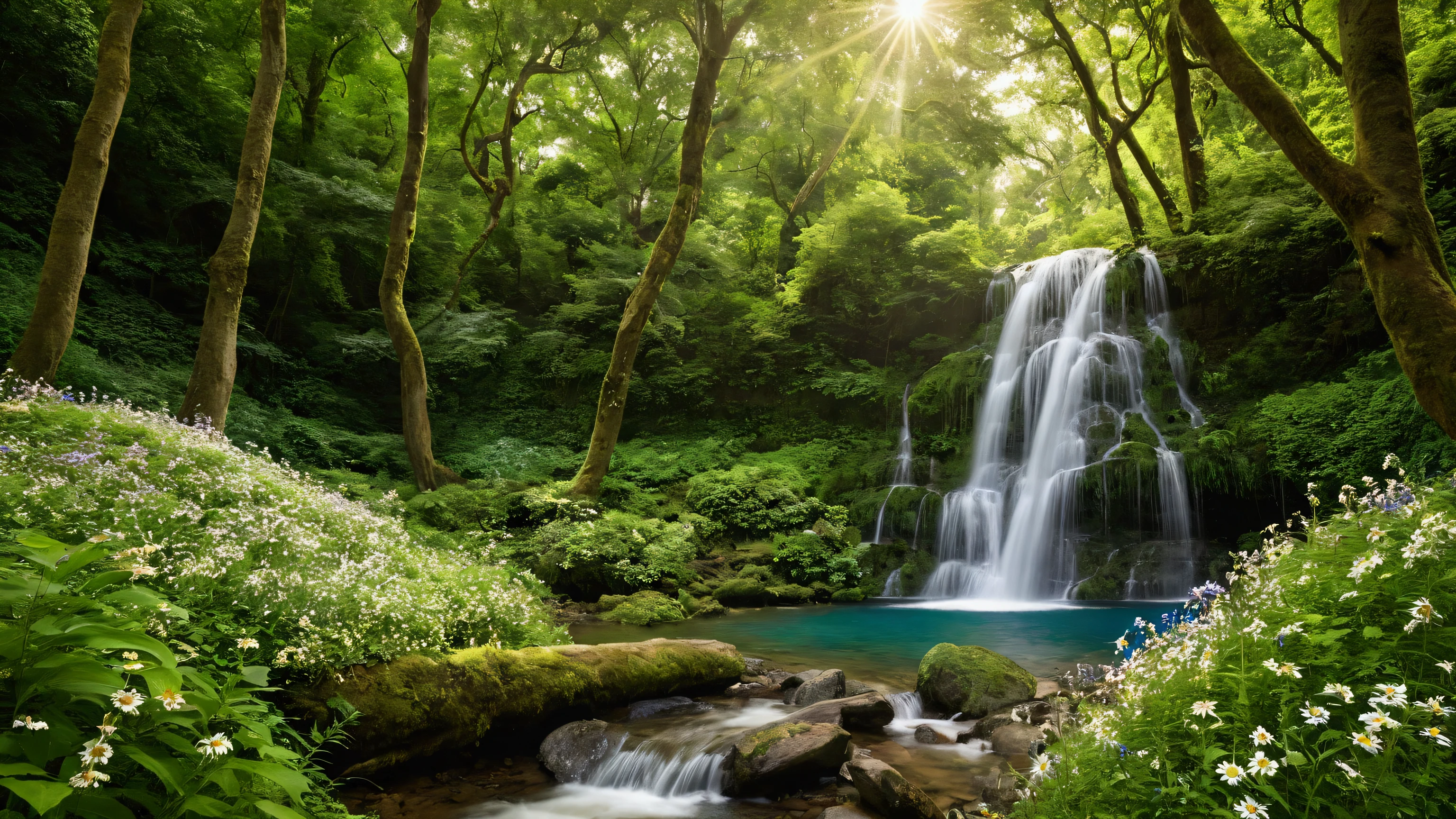 A tranquil, high-resolution image capturing the serene experience of being deep in a lush green forest. Towering emerald trees stretch towards the sky, their dense foliage creating a natural canopy. Sunlight filters through the leaves, casting dappled patterns on the forest floor. Through the gaps in the trees, a clear blue sky with fluffy white clouds is visible. In the distance, two cascading waterfalls—one large and one smaller—pour down gracefully, their white streams blending with the green surroundings. A crystal-clear stream flows gently from the base of the waterfalls, winding through a vibrant carpet of lush grass dotted with colorful wildflowers. A playful squirrel leaps across the scene while birds flutter gracefully among the trees, adding life and movement to this peaceful, nature-filled setting.