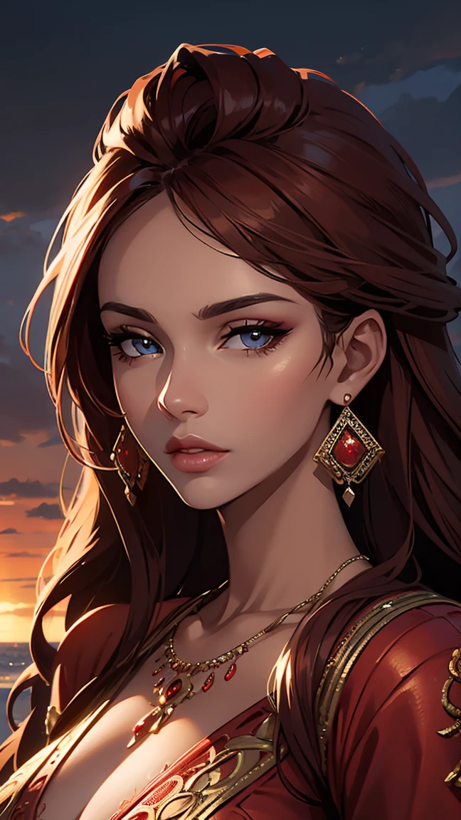 a girl with slightly brown skin, oval face, beautiful detailed brown eyes, beautiful detailed pink lips, big earrings, long reddish orangish brownish hair with beach waves, red outfit, photorealistic, 8k, hyperdetailed, intricate details, masterpiece, highly detailed, ornate, cinematic lighting, dramatic lighting, sweeping dramatic composition, warm color palette, glowing skin, photo-realistic, hyper realistic, stunning, mesmerizing