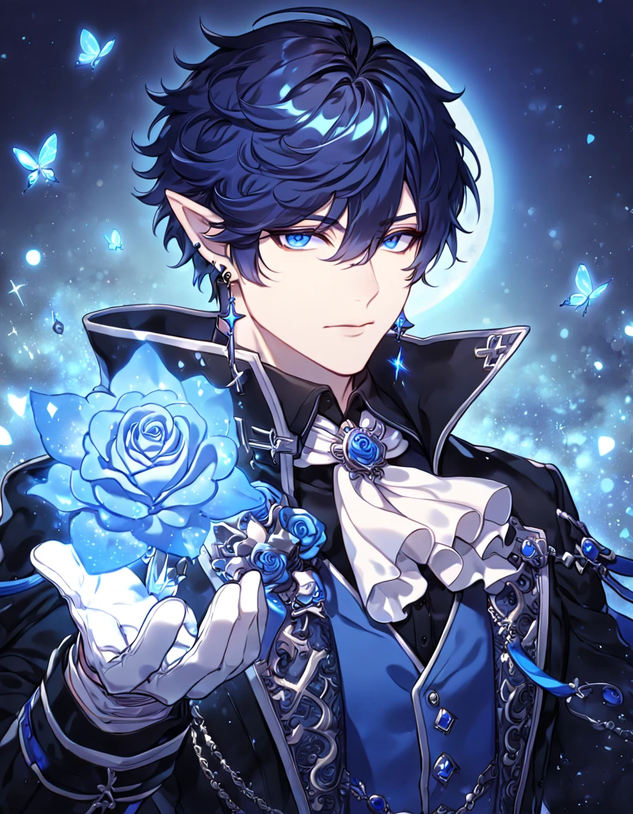 absurdres, highres, ultra detailed, HDR, master piece, best quality, extremely detailed, detailed face, Ciel, dark blue hair, expressive blue eyes, slightly pointed ears, Elsword, cross earrings, solo, sexy man, handsome, manly man, black coat, blue vest, black shirt, white gloves, white cravat, magical, fantasy, under a blue tree, blue flames, blue moon, blue fireflies, blue roses, blue butterflies, glass magic