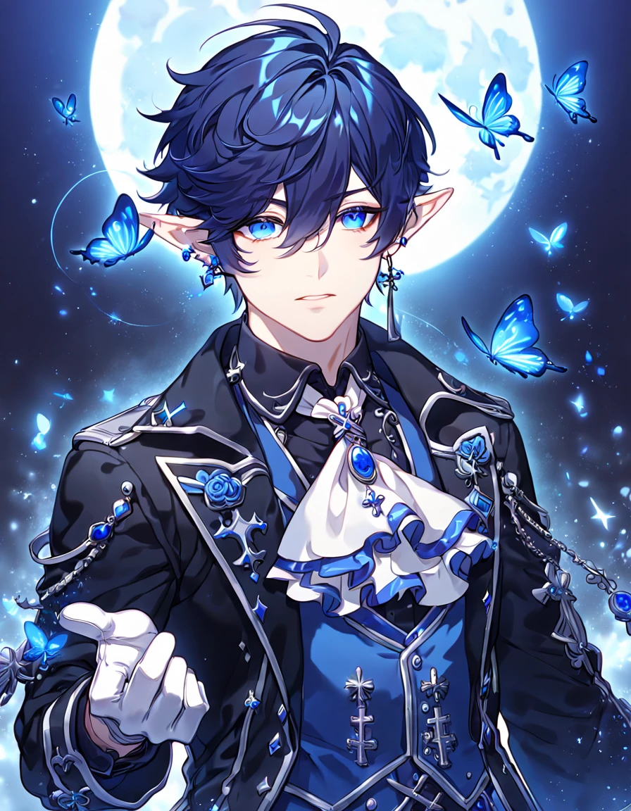 absurdres, highres, ultra detailed, HDR, master piece, best quality, extremely detailed, detailed face, Ciel, dark blue hair, expressive blue eyes, slightly pointed ears, Elsword, cross earrings, solo, sexy man, handsome, manly man, black coat, blue vest, black shirt, white gloves, white cravat, magical, fantasy, under a blue tree, blue flames, blue moon, blue fireflies, blue roses, blue butterflies, glass magic