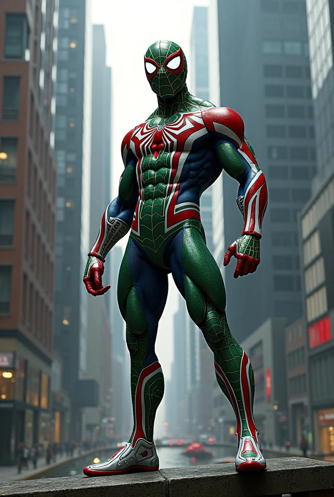 A spiderman,  with green white and red colors, standing from the side of a building