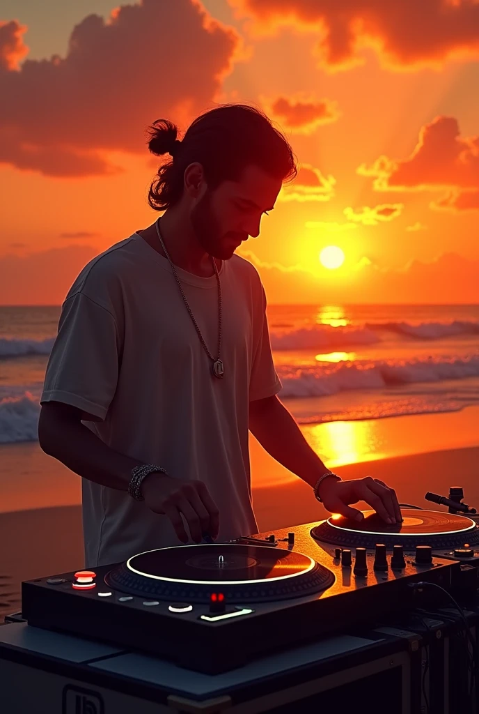 Turntable dj sunset beach orange sky clouds music 