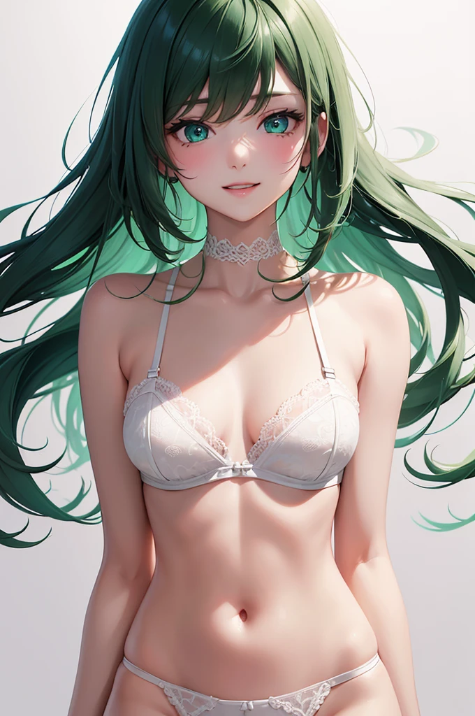 Best Quality,High resolution,8k,(plain white background, no patterns, no textures, just a plain white background:1.3),Masterpiece:1.2),beautiful girl,Big Breasts,(Glossy, dark green hair:1.3),messy hair,Beautiful green eyes,A set of lingerie featuring intricate lace detailing. The black bra has delicate lace trim along the edges with a floral or geometric pattern, and adjustable straps with small, refined accents. The panties are designed with matching lace, featuring a soft, breathable fabric with a touch of elegance. The color scheme is sophisticated, such as soft pastels or classic black with subtle touches of gold or silver,Gentle look,A refreshing look,smile,Best quality,Best Quality,Aesthetic and aesthetic:1.2,Best details((Super detailed))(High-definition CG illustrations),Slender body,smile,blush,cute,Scrounge,Looking up,Being spoiled,wariza,full body