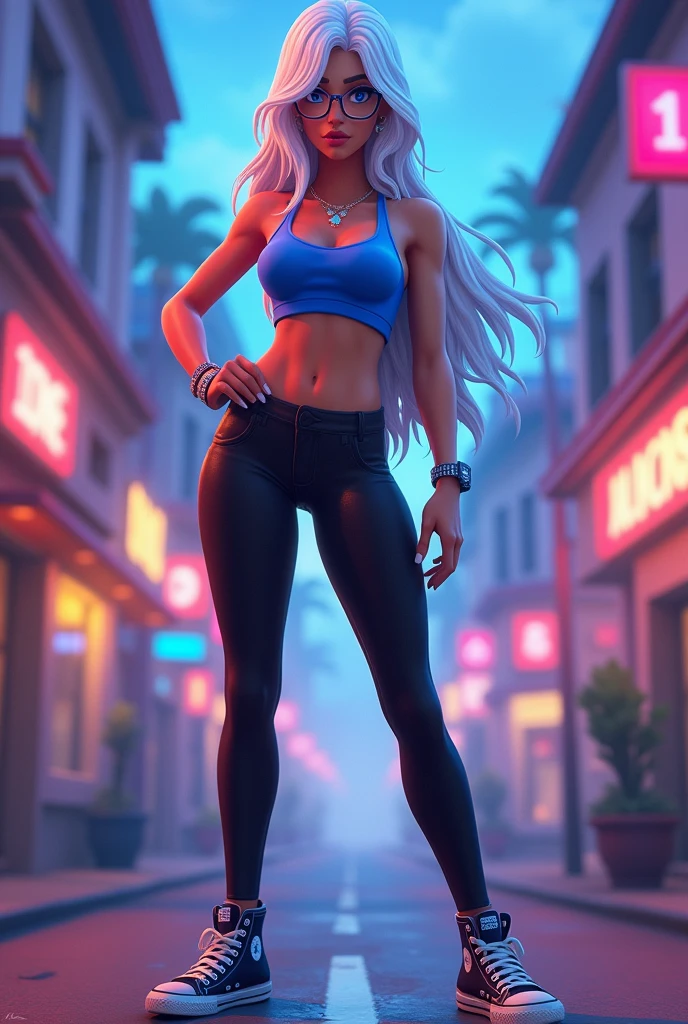 fortnite style girl, long white hair, Broad Hips, blue colored eyes, wearing glasses, Allstar Sneakers, sexy cobalt blue top solid black leggings full body