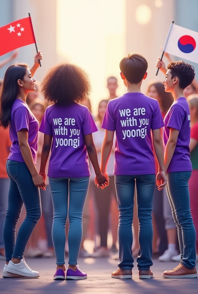 Make several people from different countries holding hands with purple shirts written "WE ARE WITH YOU YOONGI" do it with more people and with country flags