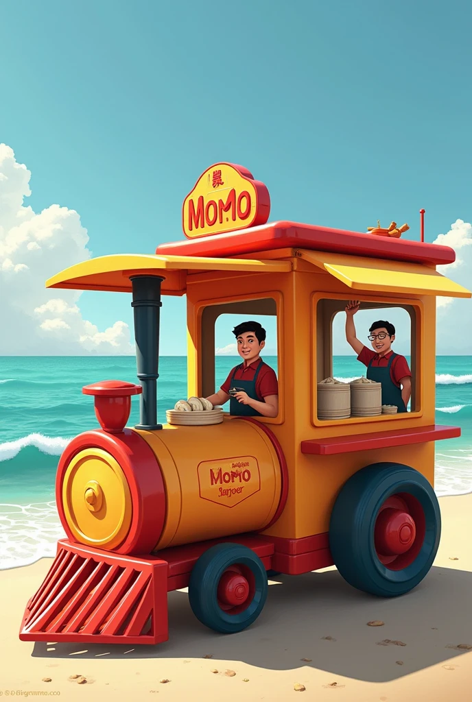 Create a train like  big 
food cart for momos with 2 members working inside the cart which have length of 10 feet with 3 momo steamer and have the name MOMO XPRESS  located at beach make like a train compartment