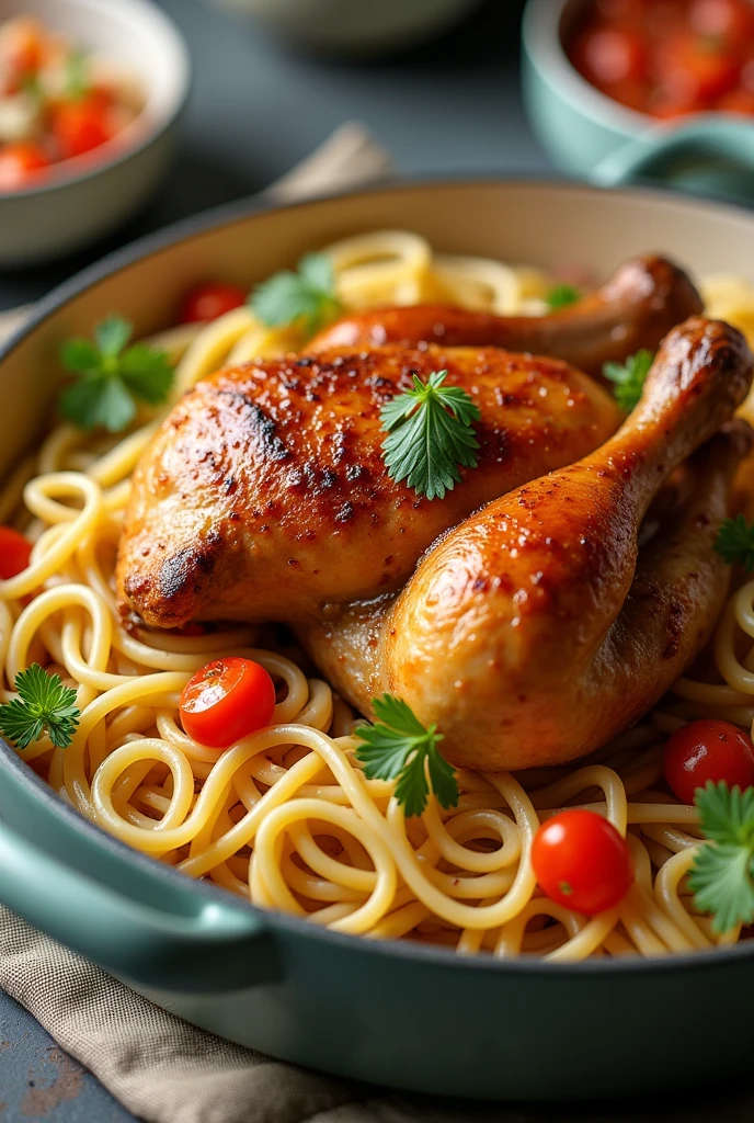 I need a picture of a plate with chicken in a pot, with noodles and Russian salad. It doesn&#39;t look like soup and it looks realistic.

