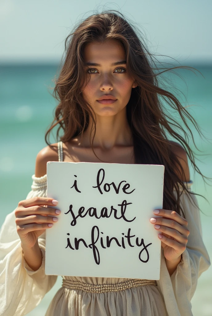 Beautiful girl with wavy long hair, bohemian dress, holding a white board with text "I Love Seaart Infinity" and showing it to the viewer
