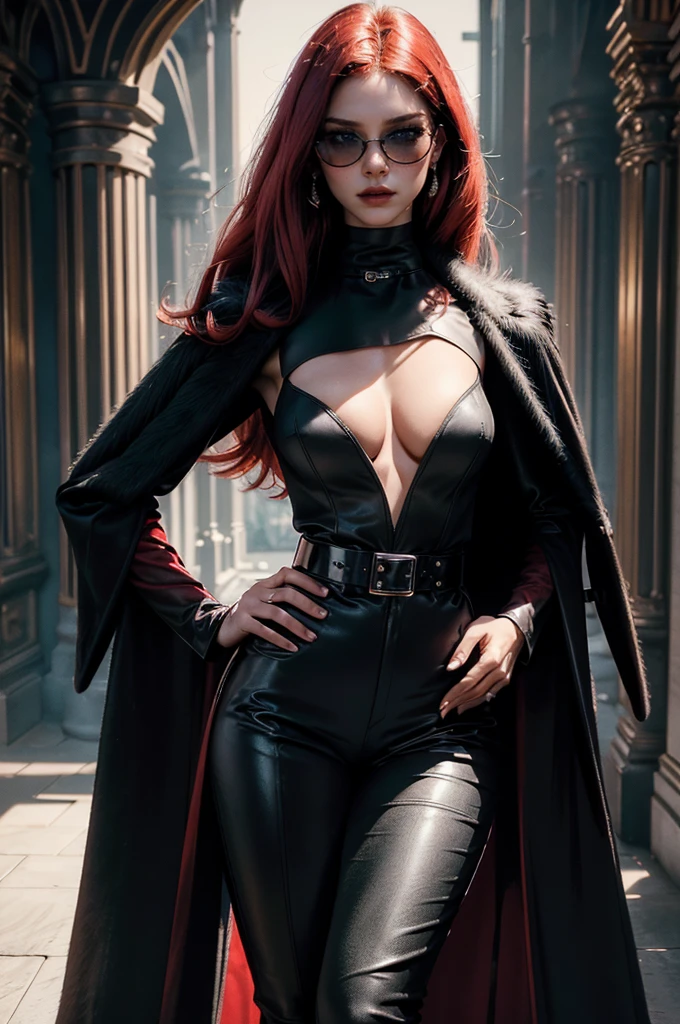 a beautiful young woman with long red hair, slim body, thin waist, narrow hips, detailed facial features, ((wearing high quality high waist black leather pants)), ((wearing formal white colored silk shirt with cleavage and long sleeves)), ((wearing black fur coat)), ((coat on shoulders)), ((red lining)), ((double luxury waist belt)), ((slightly red tinted glasses)), ((expensive reflective silk scarf)), holding a handbag, hand on waist, (best quality,4k,8k,highres,masterpiece:1.2),ultra-detailed,(realistic,photorealistic,photo-realistic:1.37),high fashion,editorial,dramatic lighting,cinematic,vivid colors,intricate details, glamorous