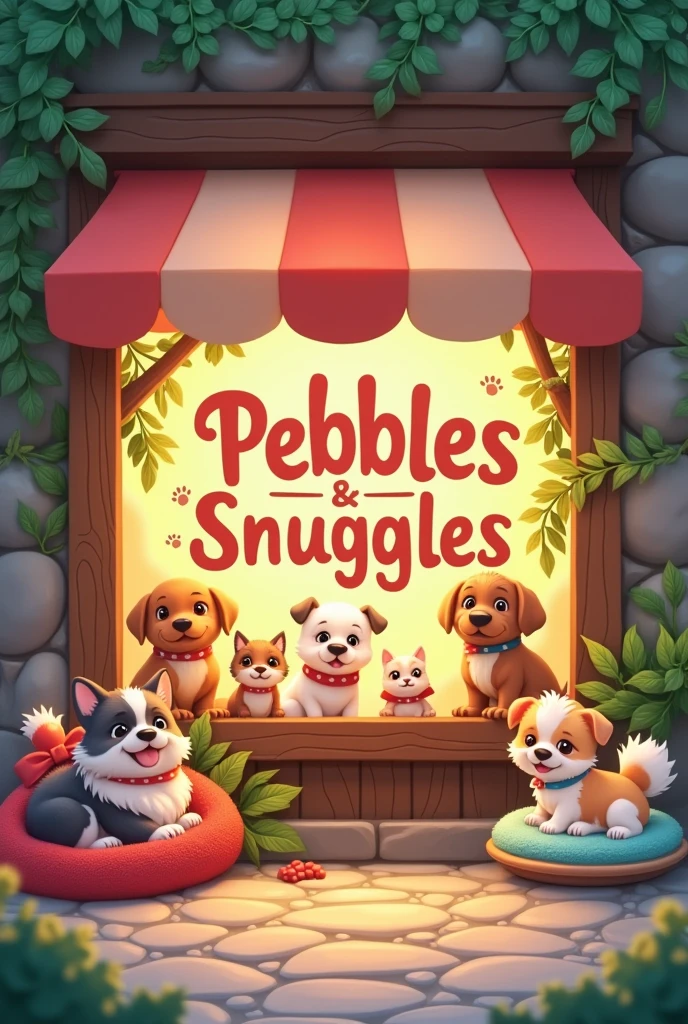Generate a cute text,"PEBBLES & SNUGGLES", below it put another text of smaller size showing," YOUR PET-FRIENDLY STORE "