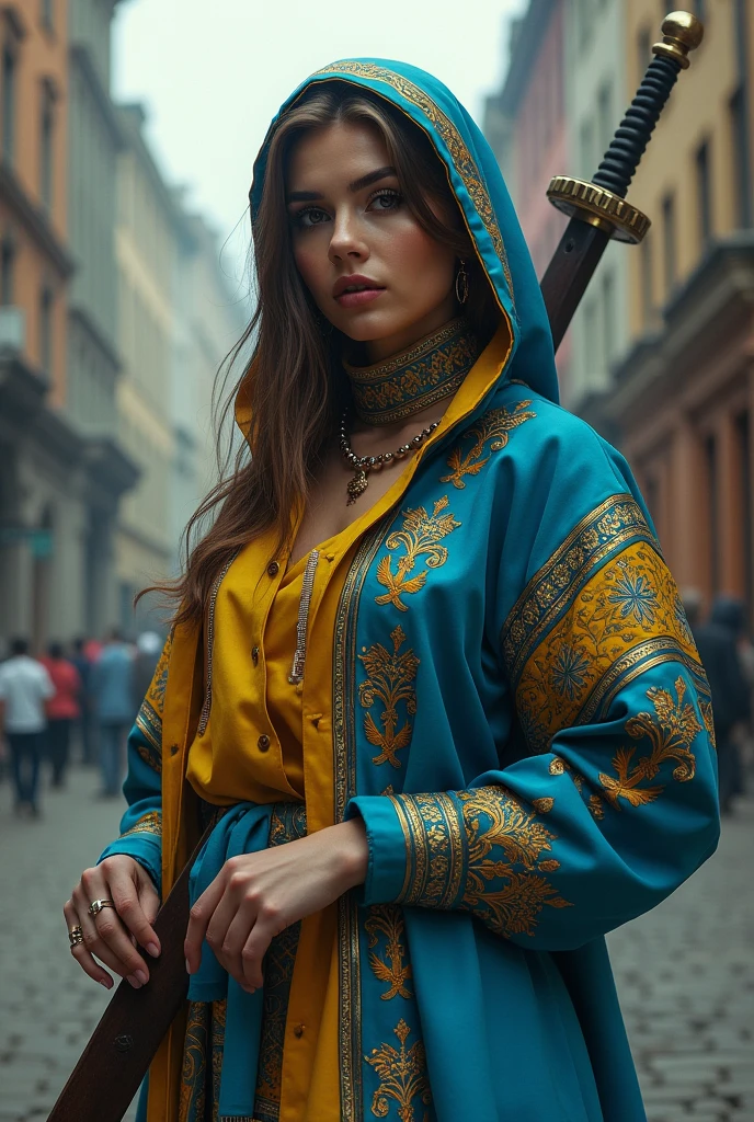 ukrainian gangster rapper kozak lady in blue-yellow outfit and kozak sword