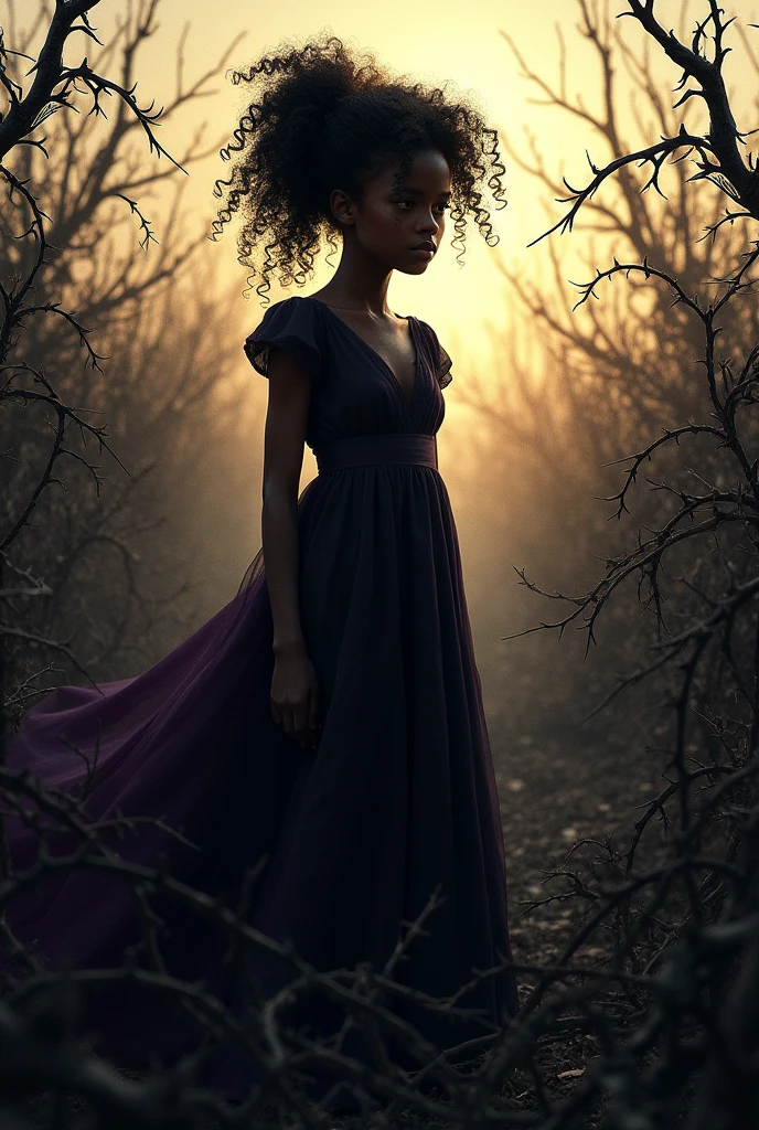 Field of thorns with a black teenage girl with curly hair wearing a long black and purple dress. Clear scenario, sunlight in the background

