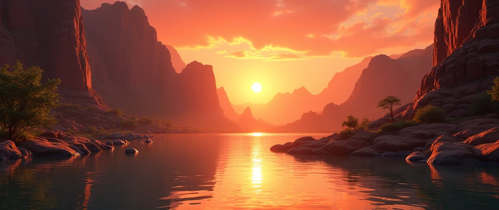 Stunning African wilderness landscape, beautiful sunrise over a tranquil lake, dramatic cinematic lighting, majestic rock formations, no animals or evil, breathtaking view, extreme detail, (best quality, 4k, 8k, high definition, masterpiece: 1.2), extreme detail, (realistic, realistic, photorealistic: 1.37), dramatic lighting, cinematic composition Pixar style close to The Lion King