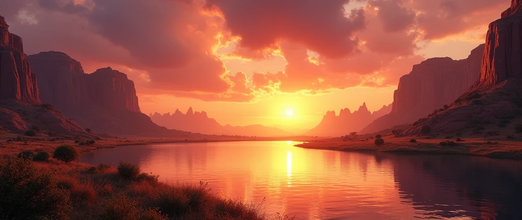 Stunning African wilderness landscape, beautiful sunrise over a tranquil lake, dramatic cinematic lighting, majestic rock formations, no animals or evil, breathtaking view, extreme detail, (best quality, 4k, 8k, high definition, masterpiece: 1.2), extreme detail, (realistic, realistic, photorealistic: 1.37), dramatic lighting, cinematic composition Pixar style close to The Lion King