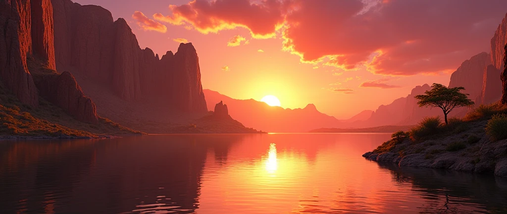 Stunning African wilderness landscape, beautiful sunrise over a tranquil lake, dramatic cinematic lighting, majestic rock formations, no animals or evil, breathtaking view, extreme detail, (best quality, 4k, 8k, high definition, masterpiece: 1.2), extreme detail, (realistic, realistic, photorealistic: 1.37), dramatic lighting, cinematic composition Pixar style close to The Lion King
