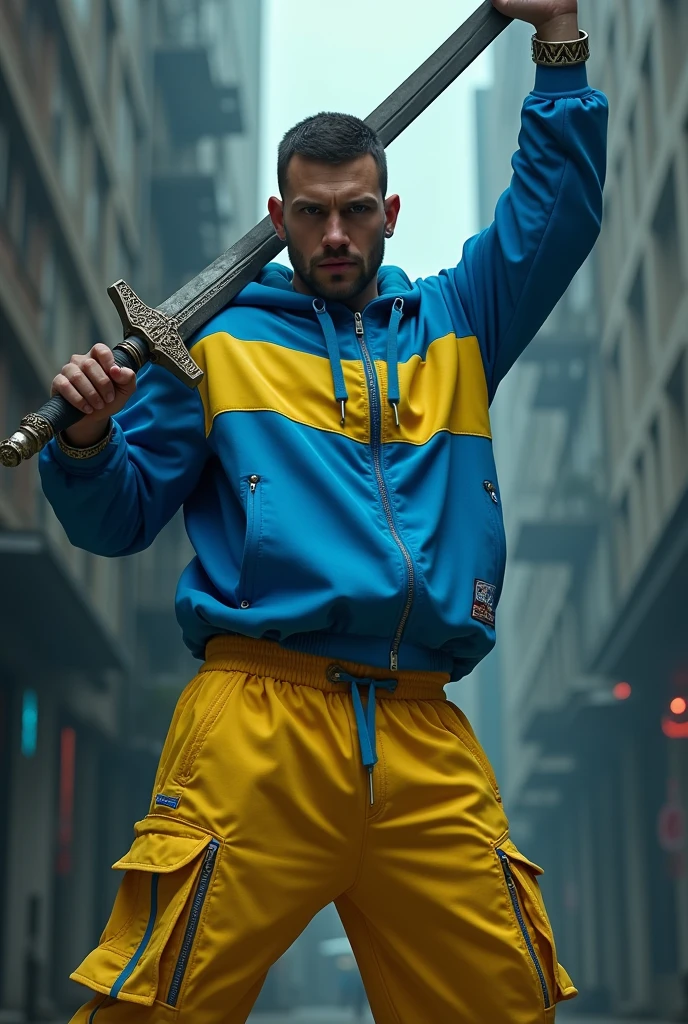 ukrainian gangster rapper kozak in blue-yellow outfit and kozak sword