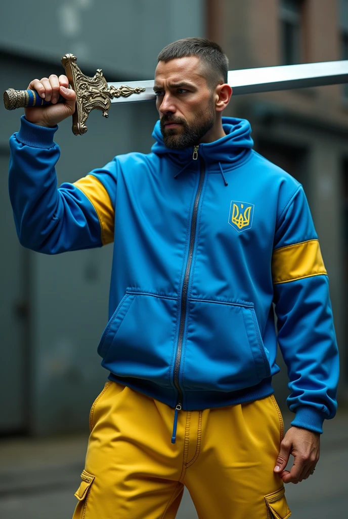 ukrainian gangster rapper kozak in blue-yellow outfit and kozak sword