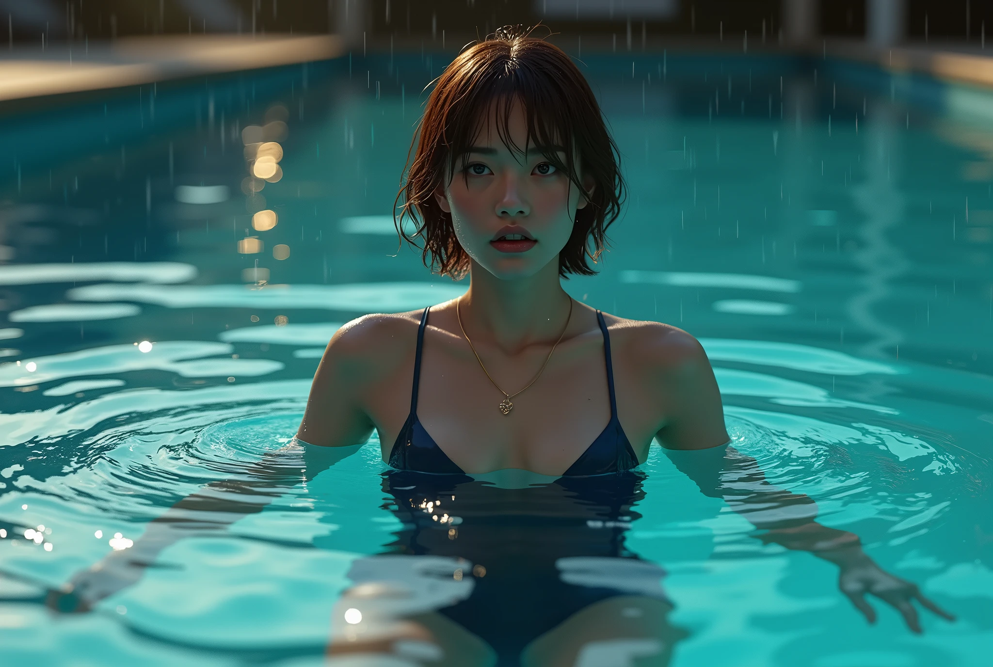 (Realistic:1.55),(Raw Photo,8K:1.2),(Ultra Realistic),(Best Quality,8K,16k,Table Top, Ultra HD),(Masterpiece:1.2) ),(Improved Quality:1.4),Super Resolution,(Bright Colors),(Very Beautiful Facial Details),(Best Quality Realistic Textured Skin:1.4),(Perfect Anatomy:1.37),(((From Above))),Ultra Detailed, Symmetrical Eyes, Spectator Gaze, One Girl,1 Supermodel,(Flat Chest:1.37),Wet Skin, Wet Hair, Wet Clothes, Heavy Makeup,((Very Detailed Eyes:1.3)),Dark Eyes,(Tired,Sleepy,Satisfied:0.0),(Thin Lips:1.33),(Thin Nose:1.2),((Chrome:1.3 )), floating in a pool, ((back lying on back)), ((school swimsuit)), navy one piece swimsuit, complex reflected light, (pool in the evening: 1.8), (outdoor school pool), ((droplet rain falling: 1.8)), (physically rendered water ripples: 1.1), (physically rendered pool water surface: 1.3), (slim body: 1.2), (thin: 1.2, slim lower body), brown hair, (short hair: 1.37), anxious face, professional lighting, grand emotional cinematic lighting.