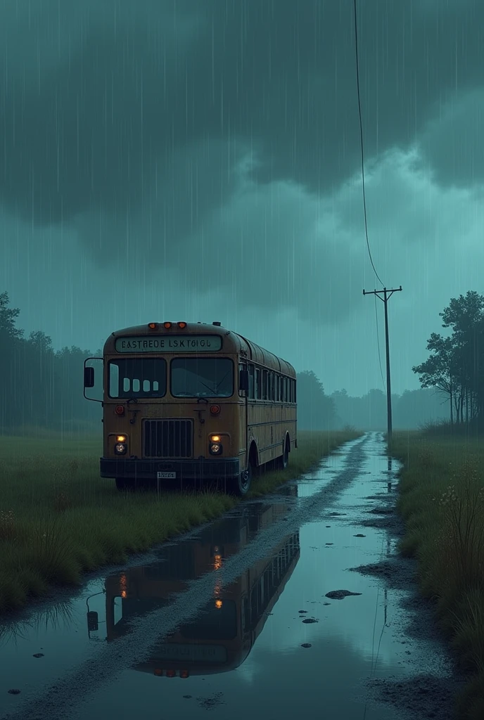 make a broken down bus on the road while it is raining heavily in 2d animation