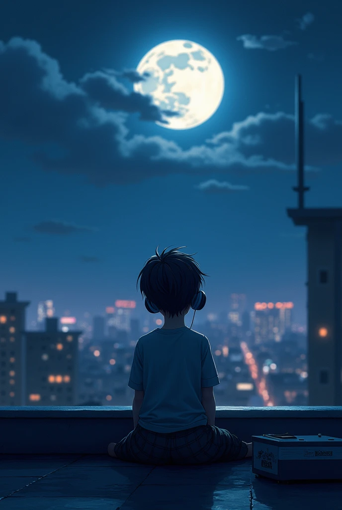 A boy listening to music on the roof of a building on a moonlit night
