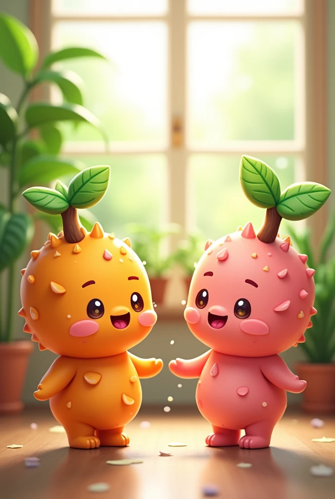 Create an image of two adorable, cartoonish tree characters, one orange and one pink, both with cheerful smiles and tiny arms and legs. They have glossy, semi-transparent surfaces with tiny water droplets, and each has a small leaf on top. The background features a bright and airy indoor setting with green plants and soft natural light, creating a cozy atmosphere. The scene conveys a sense of happiness and friendship, with a gentle bokeh effect in the background.
#