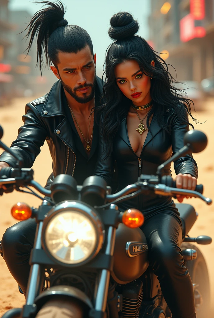 2 young man,grown-up,comely,short straight black hair, Cao Cao,offwhite,German, greeneyes,beard made, athletic body,short hair kissing face of a beautiful young adult woman,white German, greeneyes,very straight black hair,amarrado pra cima em coque Cao Cao,red lipgloss stick,illuminated nose,wearing a black jacket with half blood written on it on a cyberpunk motorcycle with half blood written on it in detail, futuristic motorcycle, walking on the road, 2 person on a motorcycle, details Intricate, high resolution, photorrealistic, hyper detailled, dynamic motion blur, sandy urban environment, neon lights, brilliant cybernetic elements, mecha inspired design, complex machinery, urban landscape ,  beautiful young white adult, greeneyes, red lipgloss stick, well made up, long and very straight hair,faça o cabelo dela em coque muito Cao Cao pretos, wearing gold accessories, thin gold necklace.
