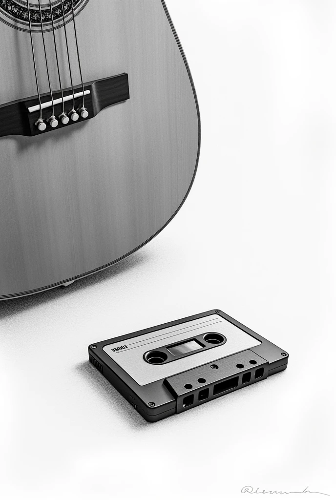 A drawing of a classical guitar and a cassette tape on a white table in black and white