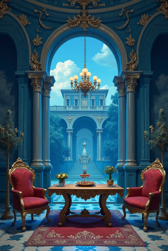 A house inside a baroque painting, dominant blue color, furniture designed in Renaissance paintings, table drawn on a board, coxinha drawn on a board, chandelier drawn on a painting.