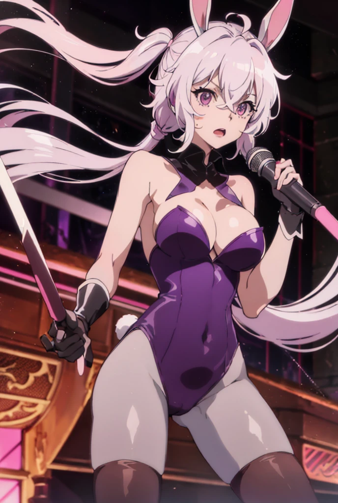 there is a girl dressed in a tight outfit holding a black object, 1girl, yukine chris, solo, rabbit ears, animal ears, breasts, long hair, playboy bunny, pantyhose, purple eyes, twintails, large breasts, fake animal ears, white background, cleavage, very long hair, full bodya very attractive anime women with long pink hair holds a knife and a pair of scissors, 1girl, yukine chris, solo, rabbit ears, animal ears, breasts, long hair, pantyhose, playboy bunny, microphone, purple eyes, large breasts, white background, twintails, cleavage, very long hair