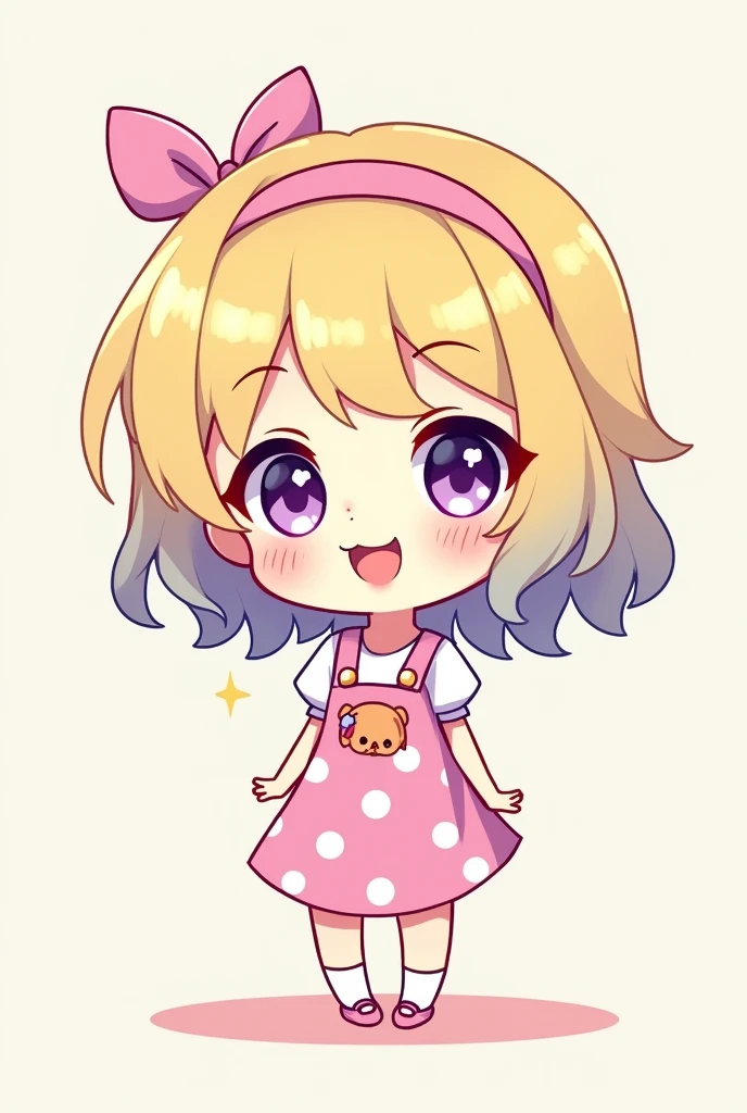 Create a digital chibi drawing of an anime girl with an unmistakable hand-drawn style. She should have a very exaggerated, cute appearance with a large, round head, big sparkling eyes, and a small, happy smile. Her hair should be styled in a playful, voluminous manner with bright, cheerful colors like pastel yellow or lavender, and include hand-drawn highlights and shadows for added depth. Dress her in a simple, adorable outfit, such as a polka-dot dress or a cute skirt and top combo, with minimal but charming accessories like a headband or a small pendant.For the background, use a single, solid color or a subtle gradient that complements the character, such as a soft pink or light blue. Ensure the background is clean and minimalistic to keep the focus on the chibi character. The drawing should have a polished, hand-drawn digital look with clean lines, vivid colors, and a distinct style that makes it clear it's digitally created by hand and not generated by AI.