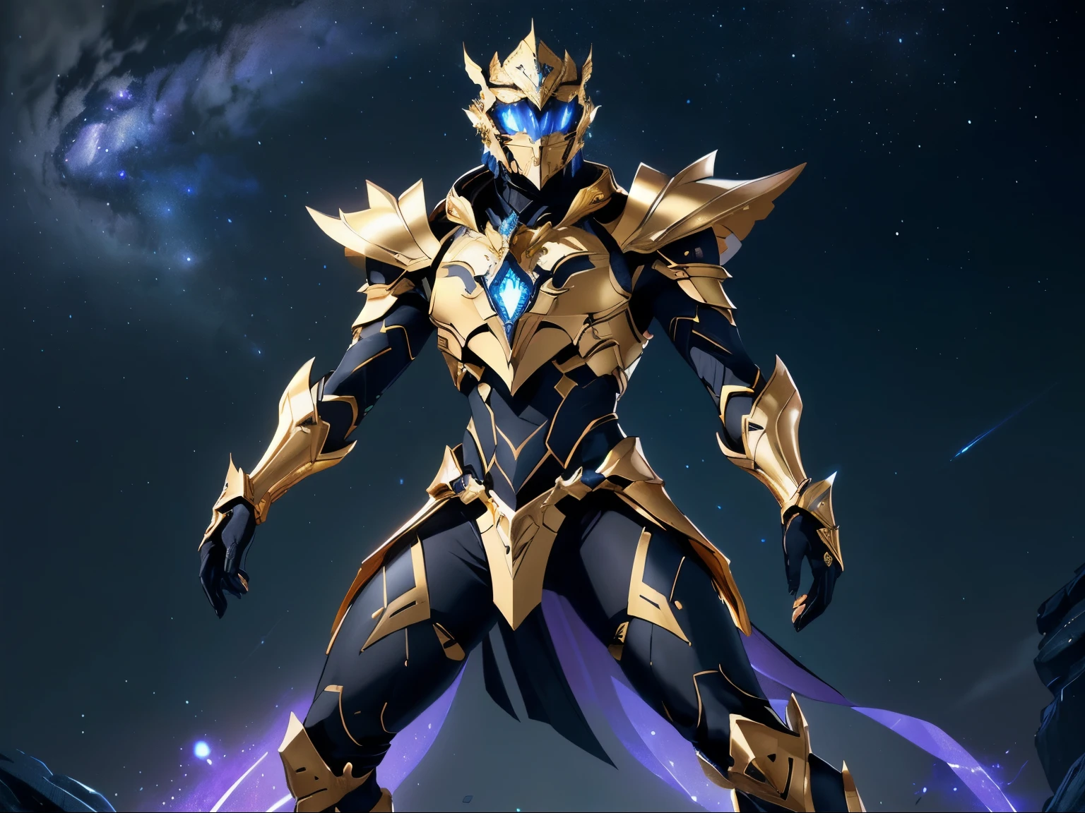 It's a man. The image presents a highly detailed and futuristic armor designed for a male warrior. The armor combines elements from different parts to create a cohesive and powerful look.

Helmet: The helmet features a sleek, aerodynamic design with a golden metallic finish. It has a central crest that rises upwards, and the visor glows with a bright blue light, giving it a high-tech, futuristic appearance.

Pauldrons (Shoulder Pads): The shoulder pads are large and wing-like, curving outward and upward, with a polished golden finish. These pads extend slightly beyond the shoulders and include a sleek, angular design, providing both a majestic and powerful look.

Chest Plate: The chest plate is intricately segmented, with a combination of gold and dark metallic blue. It has a gem-like crystal in the center that emits a soft, mystical glow. The design of the chest plate is both protective and regal, with sharp, angular lines that add to the overall futuristic aesthetic.

Arm Guards: The arm guards are sleek and streamlined, with articulated golden and purple segments that offer flexibility and protection. The design of the gauntlets is both robust and elegant, incorporating futuristic elements that blend with the classic style.

Leg Armor: The legs are armored with segmented plates that are primarily gold and purple. The boots are angular and sturdy, with a design that conveys both strength and agility. The overall look of the leg armor is grounded yet sleek, completing the ensemble with a powerful stance.

The background of the image is a dark cosmic scene, filled with distant stars and nebulae that highlight the polished surfaces of the armor. Dynamic lighting is used to emphasize the key features, particularly the glowing visor and central chest gem, reinforcing the mystical and imposing nature of the warrior.