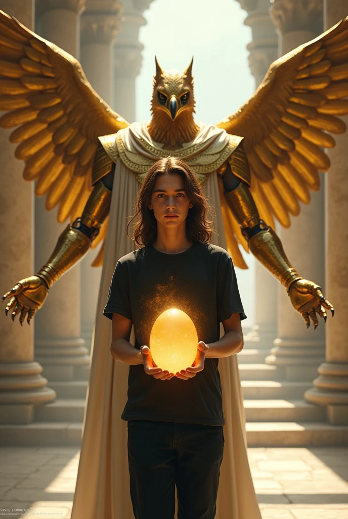 Teenage Boy with very long, thin brown hair, plain black t-shirt and plain black pants. He holds a large luminous golden egg.
Behind him a man with a falcon's head , wearing golden angelic armor and a white robe. He is behind with his wings open and long arms and claws extended protecting him..
In the background a Roman temple scene