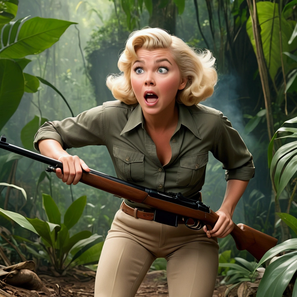 big ass , We also see his face , , big butt , It's 1940 , We see the girl from behind.. , She looks at the viewer , , A hilarious movie scene of a young girl, talented actress who looks like Doris Day, dressed as a poacher in the heart of the jungle. She is on top, wearing long pants and a hunting shirt, and holding a rifle. The edges of a large hole in his pants in the butt area have charcoal marks on them., and there is a significant amount of smoke emanating from his rear , Her platinum blonde hair is short and sleek., and appears to be around 30 years old. In a sudden moment of physical comedy, The actress screams in pain, with eyes and mouth wide open, revealing a gaping hole in his pants in the butt area from a shotgun accident. The scene is captured in stunning 4K high definition, with the jungle as a backdrop, and a comic tone throughout. , close up