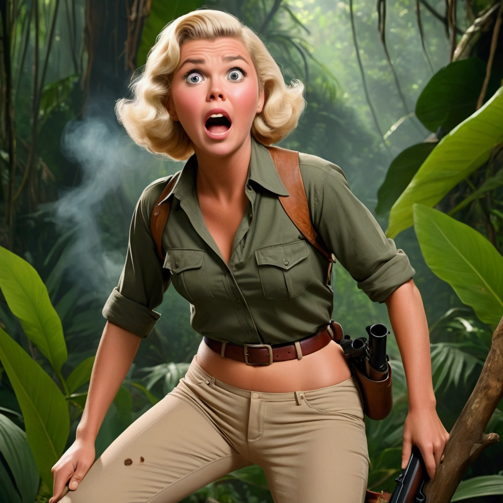 Big ass , We also see her face , , big butt , it's 1940 , We see the girl from behind. , She looks at the viewer , , A hilarious cinematic scene of a young, talented actress who looks like Doris Day, dressed as a poacher in the heart of the jungle. She is over, wearing long pants and a hunter's shirt, and holding a rifle. The edges of a large hole in her pants in the butt area have charcoal marks, and there is a significant amount of smoke emanating from her butt , Her platinum blonde hair is short and sleek, and she appears to be around 30 years old. In a sudden moment of physical comedy, the actress screams in pain, her eyes and mouth wide open, revealing a gaping hole in her pants in the butt area from a shotgun accident. The scene is captured in stunning 4K high definition, with the jungle as a backdrop, and a comedic tone throughout. , Up close
