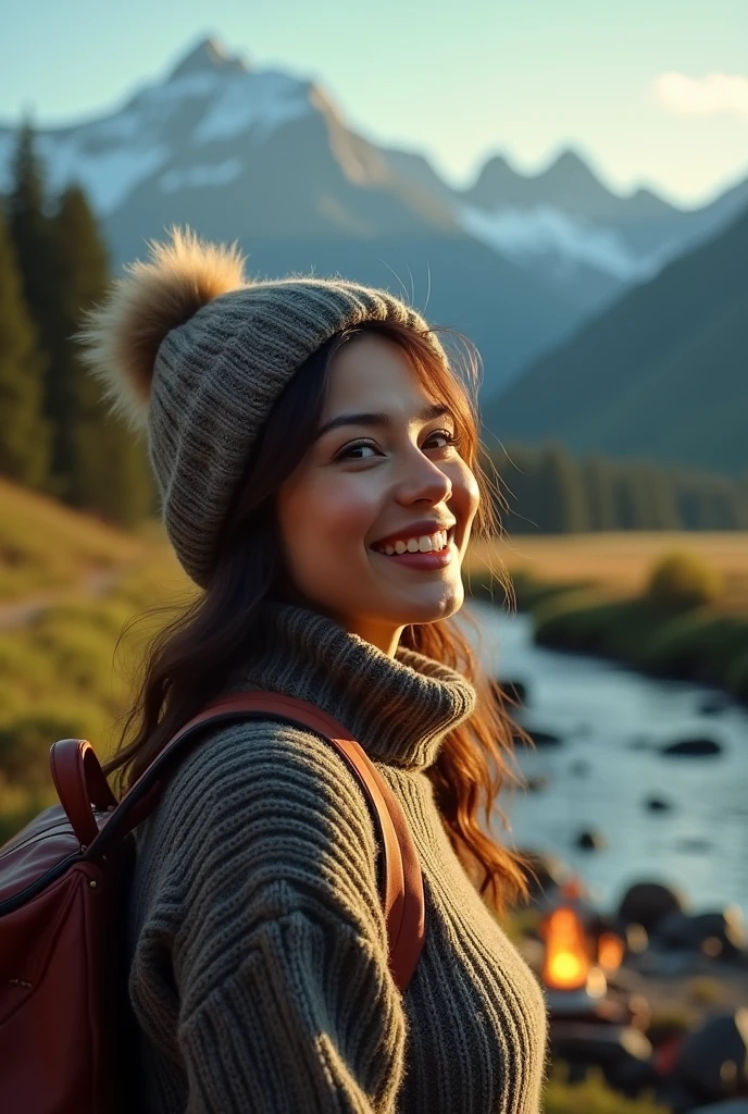 1womanl ((selfie da parte supeRiur do corpo, glad)), Masterpiece artwork, best qualityer, ultradetailed, 独奏, plein-air, (natta), mountainscape, naturey, (stele, moonligh) happy, glad, duffel bag, sleeping bag, camping stove, bottle of water, Mountain boots, mitts, new, hat, latern, forst, stones, Riu, Wood, smoke, eyeshadows, sharp contrast, clear sky, analog style (lookin at viewer: 1.2) (texture skin) (film grain: 1.3), (warm hue, warm toned: 1.2), close-up, cinematic light, side lighting, ultra high resolution, best shade, RAW, parte supeRiur do corpo, wearing pullover