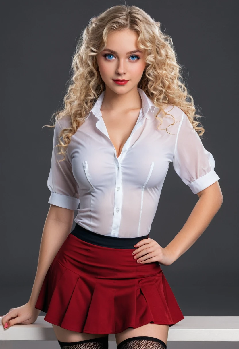 A beautiful female character. The girl is a student. With long blond curls, beautiful blue eyes. She is wearing a white semi-transparent shirt, a deep neckline, and a bright red bra is visible. Short black skirt. Black fishnet stockings.